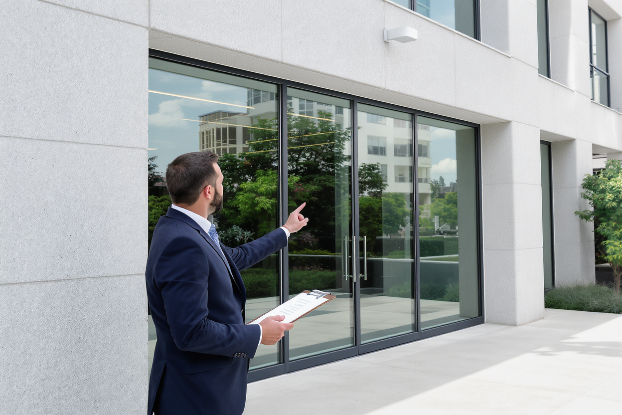 un-homme-tenant-une-checklist-pointant-une-grande-fenetre-moderne-installee-sur-une-copropriété